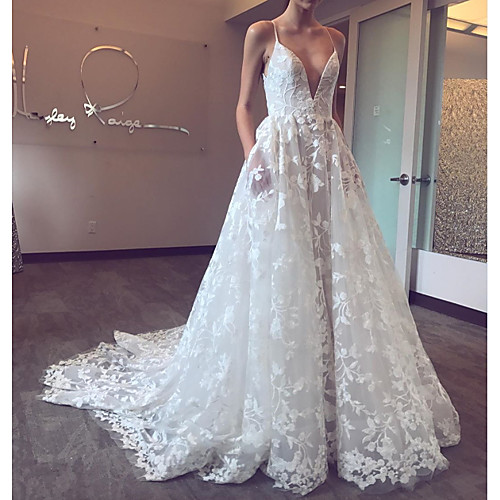 

A-Line Wedding Dresses Plunging Neck Sweep / Brush Train Lace Tulle Sleeveless Country Sexy with Appliques 2020