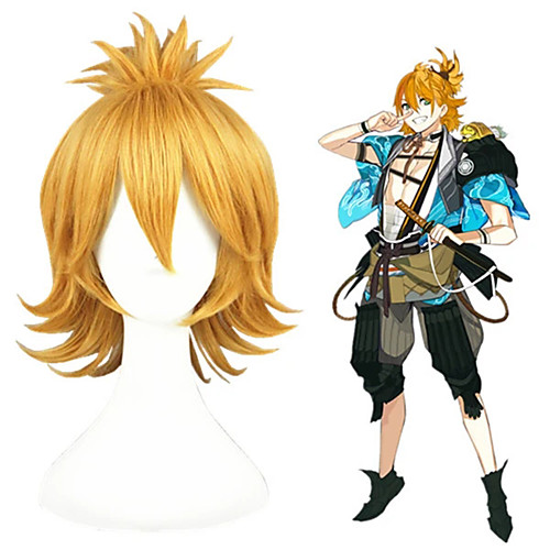 

Cosplay Wig Urashimakotetsu Touken Ranbu Loose Curl Cosplay Asymmetrical With Bangs With Ponytail Wig Short Light golden Synthetic Hair 12 inch Men's Anime Cosplay Best Quality Blonde