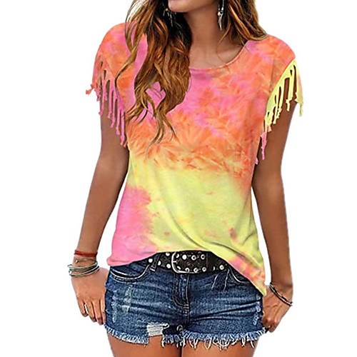 

Women's T shirt Tie Dye Round Neck Tops Basic Top Blue Purple Orange