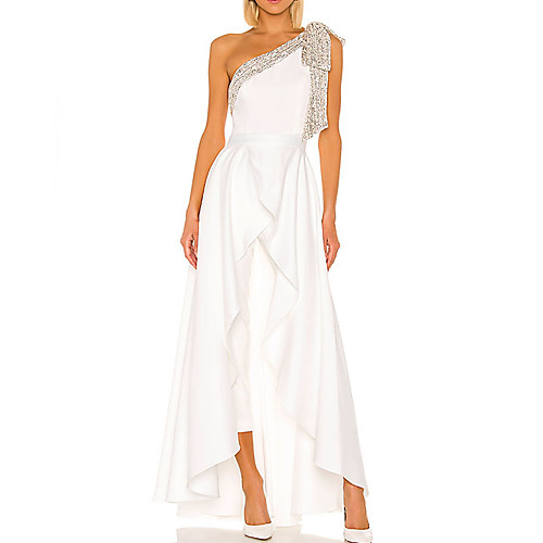 

Jumpsuits Elegant Minimalist Engagement Prom Dress One Shoulder Sleeveless Floor Length Stretch Satin with Pleats Ruffles 2020
