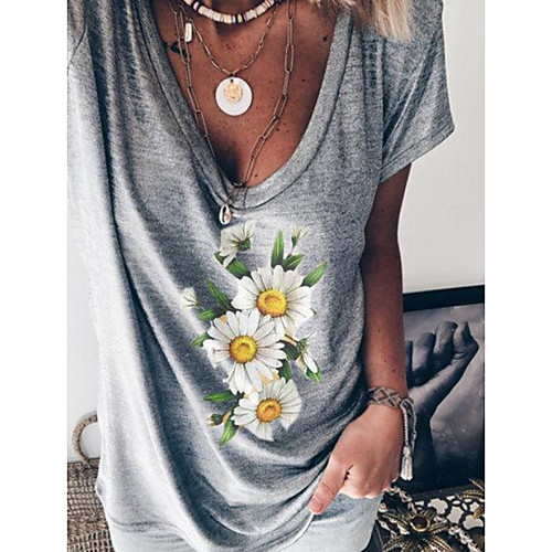 

Women's T shirt Floral Color Block Flower V Neck Tops Cotton Basic Top Gray