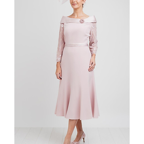 

A-Line Mother of the Bride Dress Elegant Jewel Neck Tea Length Lace Satin Long Sleeve with Pleats Beading 2021