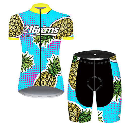 

21Grams Women's Short Sleeve Cycling Jersey with Shorts Nylon Polyester BlueYellow Gradient Fruit Pineapple Bike Clothing Suit Breathable 3D Pad Quick Dry Ultraviolet Resistant Reflective Strips