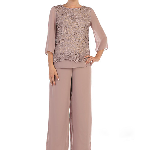 

Pantsuit / Jumpsuit Mother of the Bride Dress Elegant Jewel Neck Floor Length Chiffon Lace 3/4 Length Sleeve with Embroidery 2020