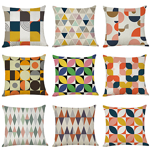 

9 pcs Linen Pillow Cover, Colorful Geometric Casual Modern Square Traditional Classic