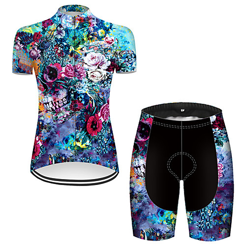 

21Grams Women's Short Sleeve Cycling Jersey with Shorts Nylon Polyester Blue Skull Floral Botanical Funny Bike Clothing Suit Breathable 3D Pad Quick Dry Ultraviolet Resistant Reflective Strips Sports