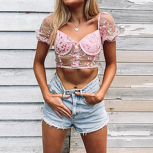 

Women's Crop Top Floral Flower Mesh Patchwork V Neck Tops Puff Sleeve Slim Sexy Streetwear Basic Top Blushing Pink