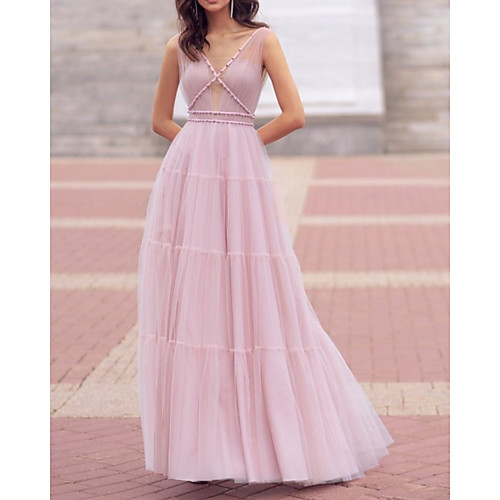 

A-Line Elegant Minimalist Engagement Prom Dress V Neck Sleeveless Floor Length Tulle with Pleats 2020