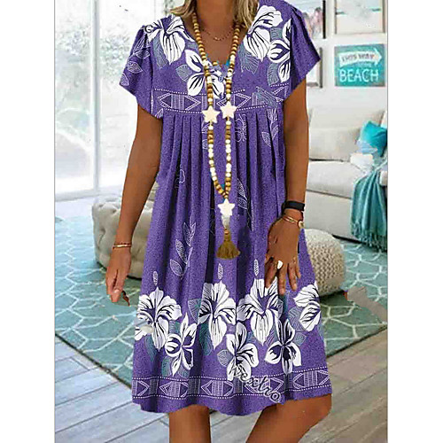 

Women's A-Line Dress Knee Length Dress - Short Sleeves Print Summer Casual Chinoiserie 2020 Purple Red Fuchsia S M L XL XXL XXXL XXXXL XXXXXL