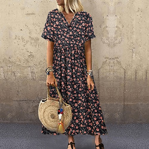 

Women's A-Line Dress Maxi long Dress - Short Sleeves Floral Summer Casual Boho Holiday Vacation 2020 Green Brown Navy Blue L XL XXL XXXL XXXXL