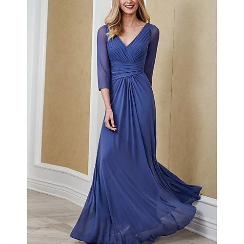 

Mermaid / Trumpet Mother of the Bride Dress Elegant V Neck Floor Length Chiffon 3/4 Length Sleeve with Pleats 2021