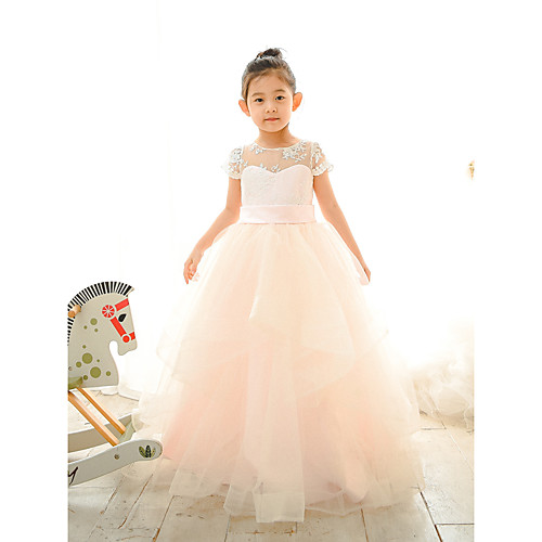 

Ball Gown Floor Length Wedding / Birthday / Pageant Flower Girl Dresses - Lace / Tulle Short Sleeve Jewel Neck with Belt / Buttons