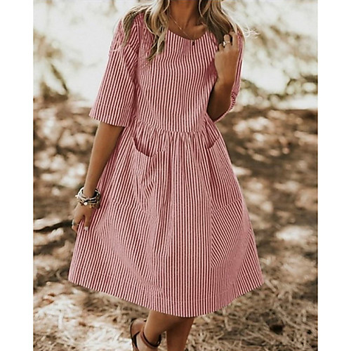 

Women's A-Line Dress Knee Length Dress - Short Sleeves Striped Summer Casual Chinoiserie 2020 Blushing Pink Gray S M L XL XXL XXXL XXXXL XXXXXL