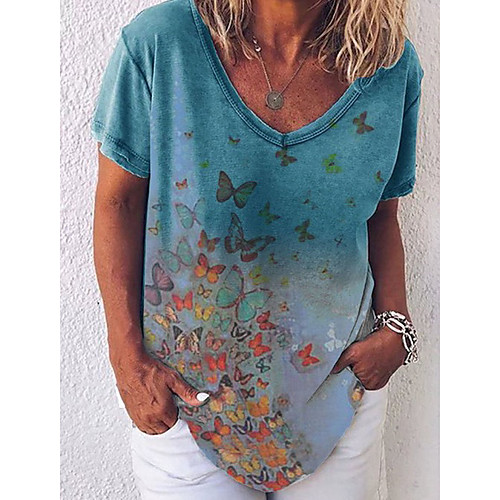 

Women's T shirt Color Gradient Graphic V Neck Tops Basic Top Blue