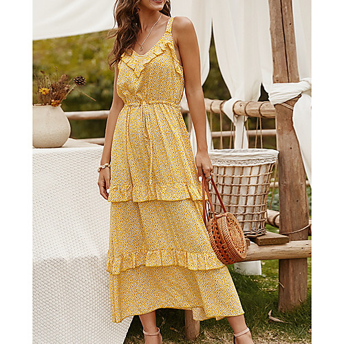 

Women's Strap Dress Maxi long Dress Red Yellow Dusty Blue Short Sleeve Floral Summer V Neck Casual Sexy 2021 S M L XL