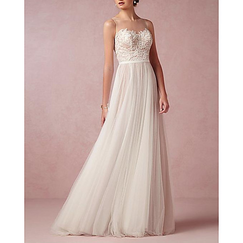 

A-Line Wedding Dresses Jewel Neck Sweep / Brush Train Lace Tulle Sleeveless Beach Sexy See-Through Backless with Sashes / Ribbons 2020