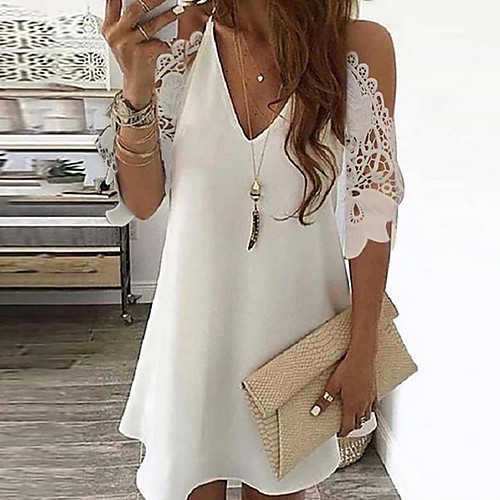 

Women's A-Line Dress Knee Length Dress - 3/4 Length Sleeve Solid Color Summer Casual 2020 White Black S M L XL XXL XXXL XXXXL XXXXXL