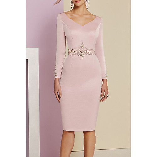 

Sheath / Column Mother of the Bride Dress Plus Size V Neck Knee Length Satin Long Sleeve with Sash / Ribbon Crystals Beading 2020
