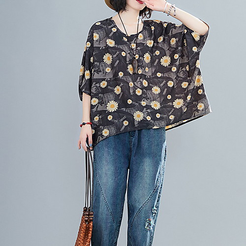 

Women's Floral Daisy Print T-shirt Daily Navy Blue