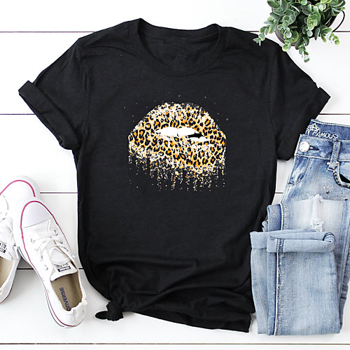 

Women's T shirt Leopard Cheetah Print Print Round Neck Tops 100% Cotton Basic Basic Top White Black Red