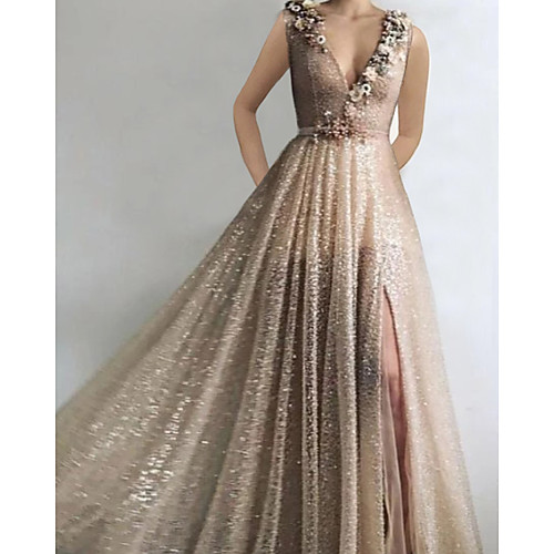 

A-Line Glittering Luxurious Engagement Formal Evening Dress V Neck Sleeveless Floor Length Sequined with Sequin Split 2021