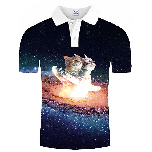 

Men's Galaxy Graphic Cat Print Polo Daily Navy Blue