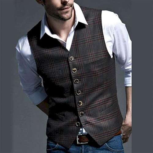 

Men's Vest, Plaid V Neck Polyester Black