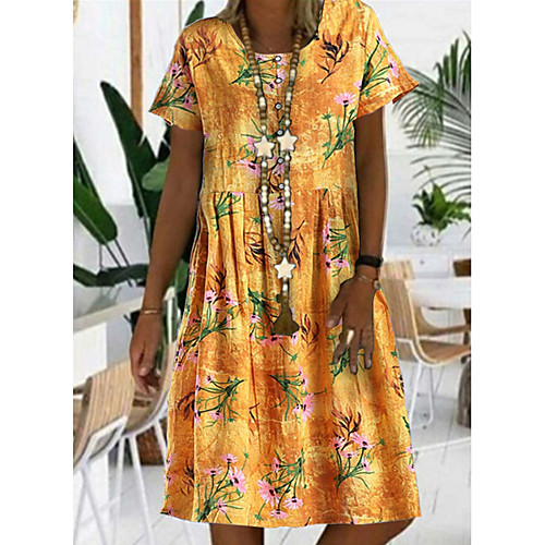 

Women's A Line Dress Knee Length Dress Blue Yellow Short Sleeve Floral Summer Round Neck Casual Boho Cotton 2021 M L XL XXL