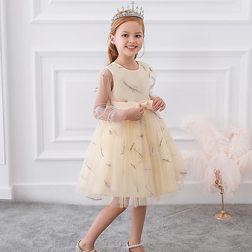 

Princess / Ball Gown Knee Length Wedding / Party Flower Girl Dresses - Tulle Long Sleeve Jewel Neck with Sash / Ribbon / Bow(s) / Pattern / Print