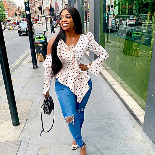 

Women's Polka Dot Asymmetric Blouse Sexy Daily White