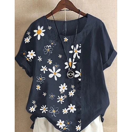 

Women's Blouse Shirt Graphic Round Neck Tops Loose Cotton Basic Top Blue Yellow Light Blue