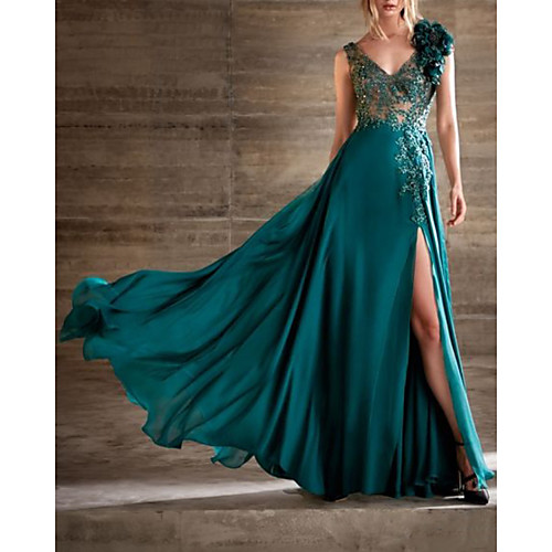 

A-Line Beautiful Back Floral Engagement Formal Evening Dress V Neck Sleeveless Floor Length Chiffon Lace with Pleats Split Appliques 2020