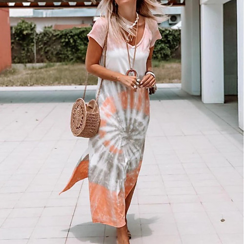 

Women's Shift Dress Maxi long Dress - Short Sleeves Tie Dye Summer Casual 2020 Orange S M L XL XXL