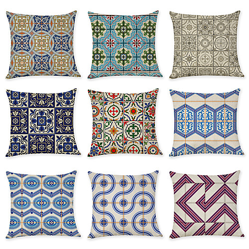 

9 pcs Linen Pillow Cover, Vintage Geometric Geometic Casual Modern Square Traditional Classic