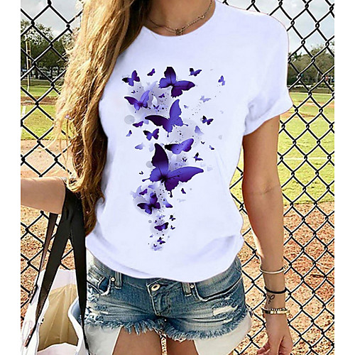 

Women's T-shirt Butterfly Graphic Prints Round Neck Tops Loose 100% Cotton Basic Top White Purple Yellow