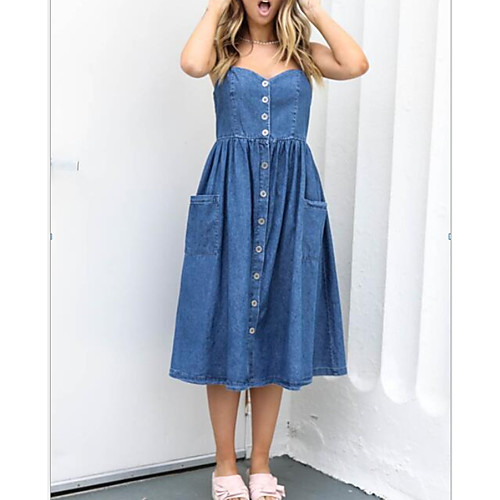 

Women's Strap Dress Knee Length Dress - Sleeveless Solid Color Summer Casual Chinoiserie 2020 Blue S M L XL