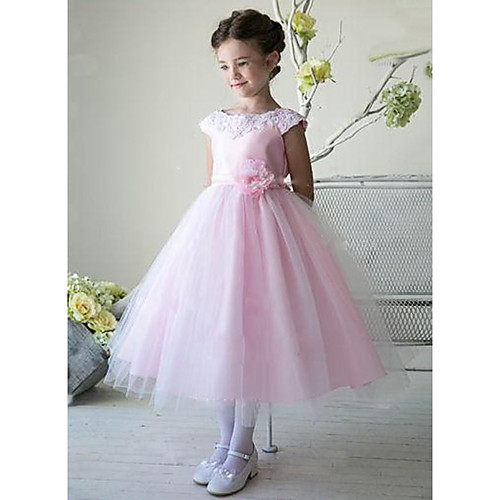 

A-Line Ankle Length Wedding / Party Flower Girl Dresses - Lace / Satin / Tulle Sleeveless Jewel Neck with Bow(s)