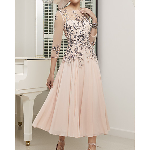 

A-Line Mother of the Bride Dress Elegant Illusion Neck Jewel Neck Ankle Length Chiffon Lace Tulle 3/4 Length Sleeve with Pleats Appliques 2020