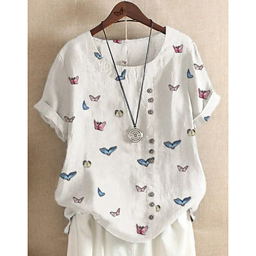 

Women's T-shirt Graphic Tops Round Neck Cotton Daily Summer White S M L XL 2XL