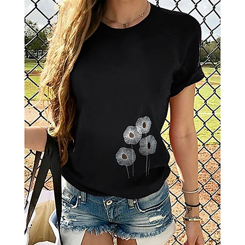 

Women's T-shirt Graphic Tops - Print Round Neck Loose Cotton Basic Daily Summer Black S M L XL 2XL 3XL 4XL