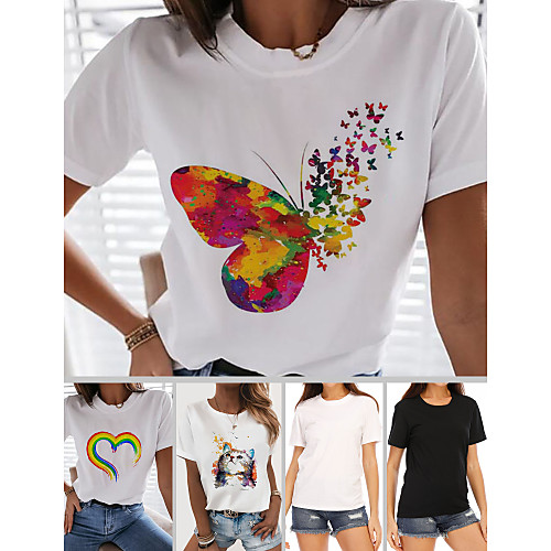 

Women's T-shirt Rainbow Graphic Prints Butterfly Tops - Print Round Neck 100% Cotton Basic Daily Spring Summer Butterfly White Black XS S M L XL 2XL