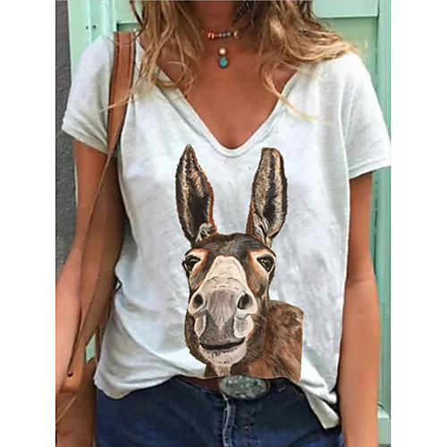 

Women's T shirt Animal Print V Neck Tops Basic Top White