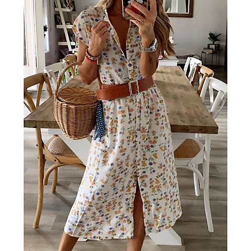 

Women's Shirt Dress Knee Length Dress - Short Sleeves Print Summer Casual Chinoiserie 2020 Yellow S M L XL