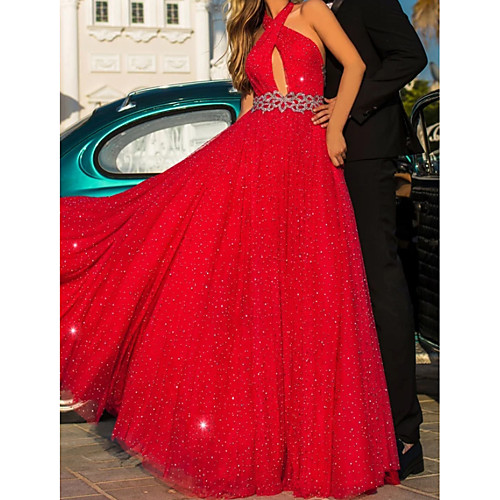 

A-Line Glittering Beautiful Back Engagement Formal Evening Dress Halter Neck Sleeveless Floor Length Chiffon with Sash / Ribbon Beading 2020