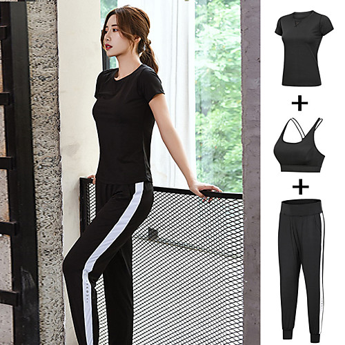 

Women's 3pcs Tracksuit Yoga Suit Patchwork Wirefree Fashion Black / Red Red Black / White Mesh Yoga Running Fitness Sports Bra Tee / T-shirt Pants / Trousers Sport Activewear Breathable Reflective
