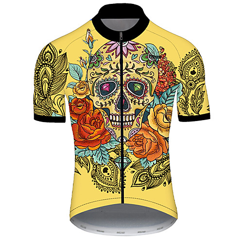 

21Grams Men's Short Sleeve Cycling Jersey Nylon Polyester Black / Yellow Skull Floral Botanical Bike Jersey Top Mountain Bike MTB Road Bike Cycling Breathable Quick Dry Ultraviolet Resistant Sports