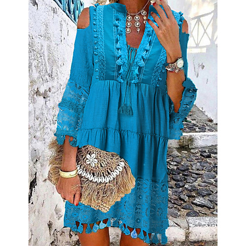 

Women's Shift Dress Short Mini Dress Blue Yellow Blushing Pink Beige 3/4 Length Sleeve Tassel Fringe Lace Cold Shoulder Summer Deep V Hot Casual Boho 2021 S M L XL XXL 3XL