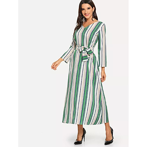 

Women's Chiffon Dress Maxi long Dress - Long Sleeve Striped Bow Summer Vintage Boho Holiday Going out 2020 Green S M L XL