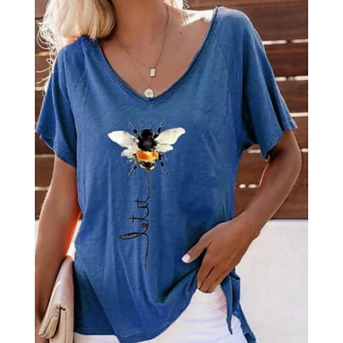 

Women's T-shirt Animal Tops V Neck Daily Summer White Yellow Blushing Pink S M L XL 2XL 3XL
