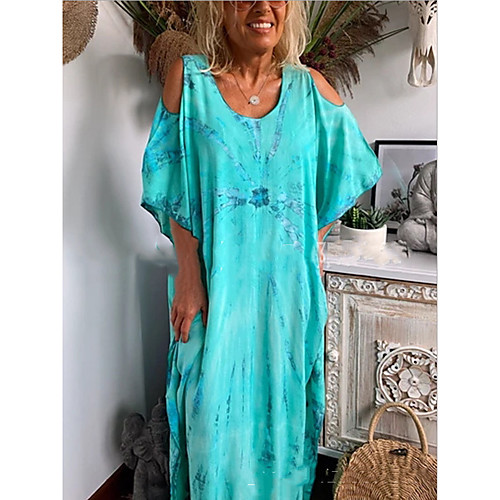 

Women's Strap Dress Maxi long Dress - Short Sleeves Tie Dye Summer Casual Chinoiserie 2020 Blue S M L XL XXL
